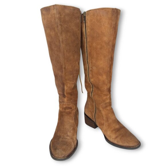 Born Felicia Suede Leather Boots Size 7 Knee High Distressed Tobacco Brown Boho - Picture 1 of 16